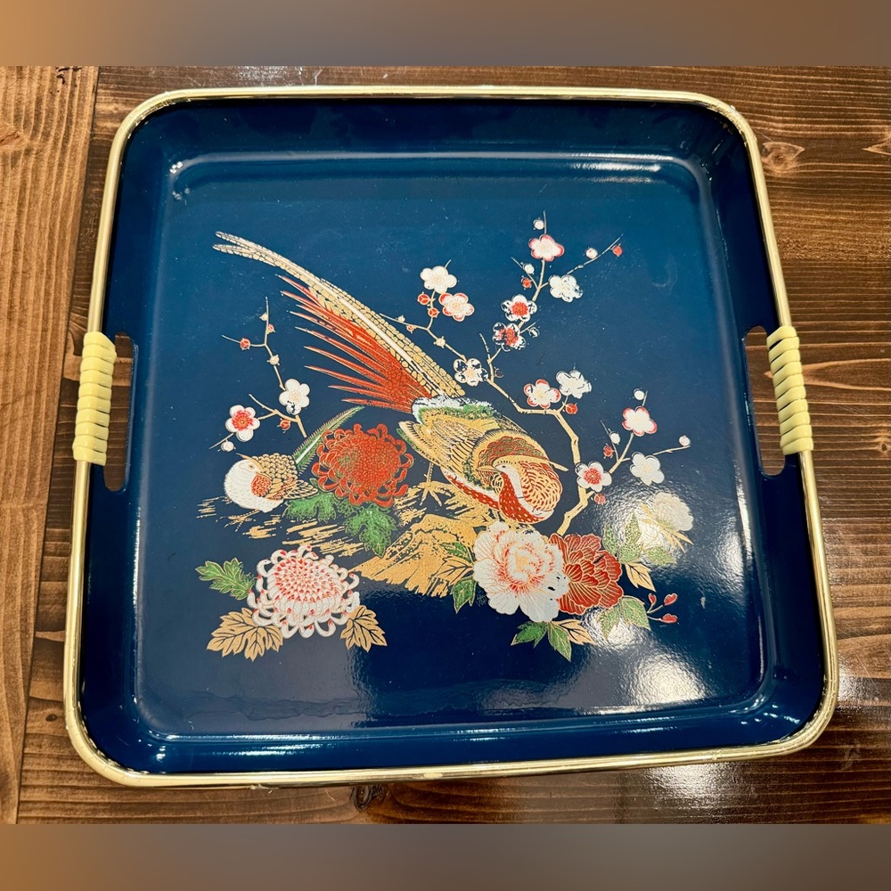 Vintage Blue Green Serving Tray with Floral and Bird Design
